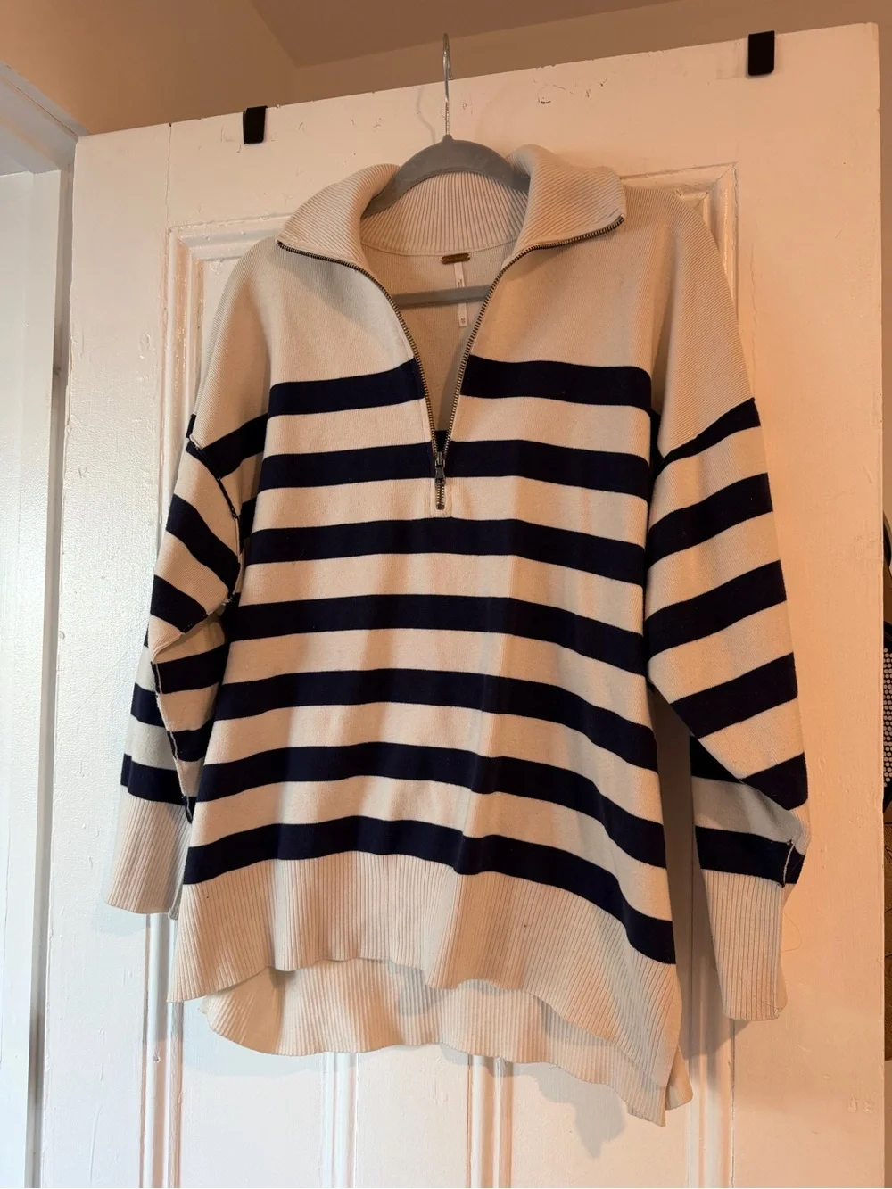 Free People Striped Half-Zip Sweater - Cream & Navy